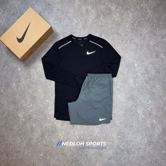 Nike Miler Set | Black Long Sleeve Miler & Grey 7in Challenger Shorts