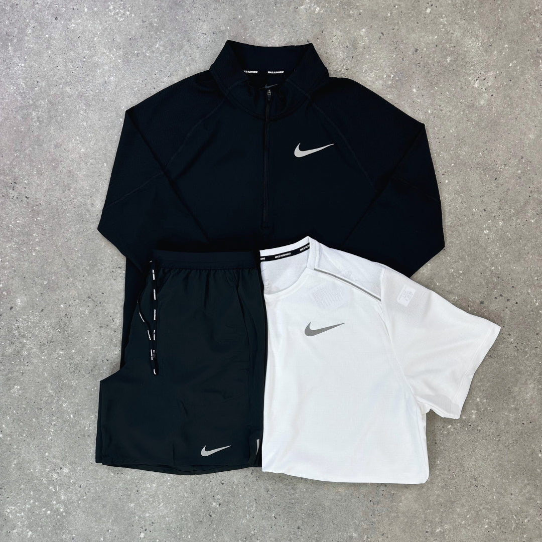 Nike Tri-Set | Black Element 1/4 Zip, White Miler, Black Flex Stride 7in