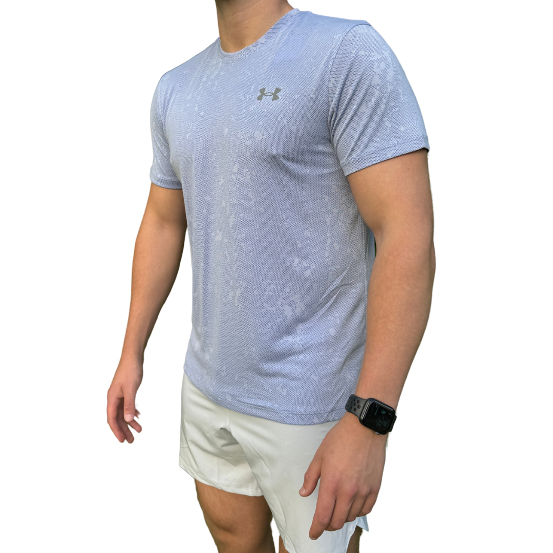 UA Launch Splatter SS Tee- Baby Blue