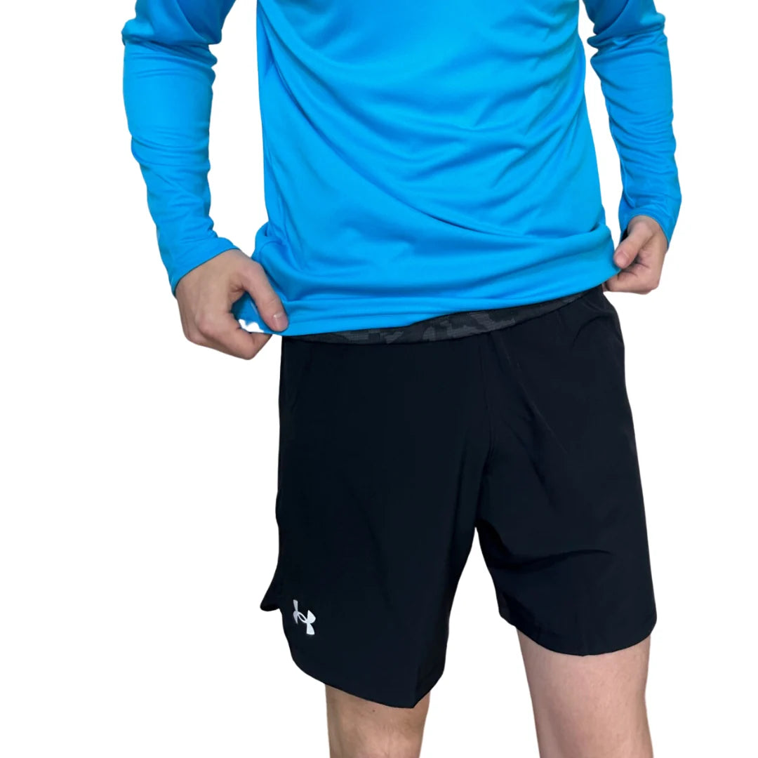 UA Velocity Black SS Tee & Black 7in Shorts