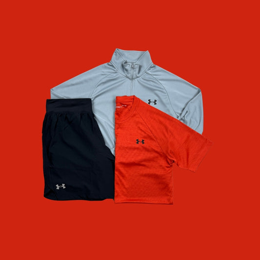 Under Armour Set | Grey Velocity 1/4 Zip, Black Short, Red Velocity Tee