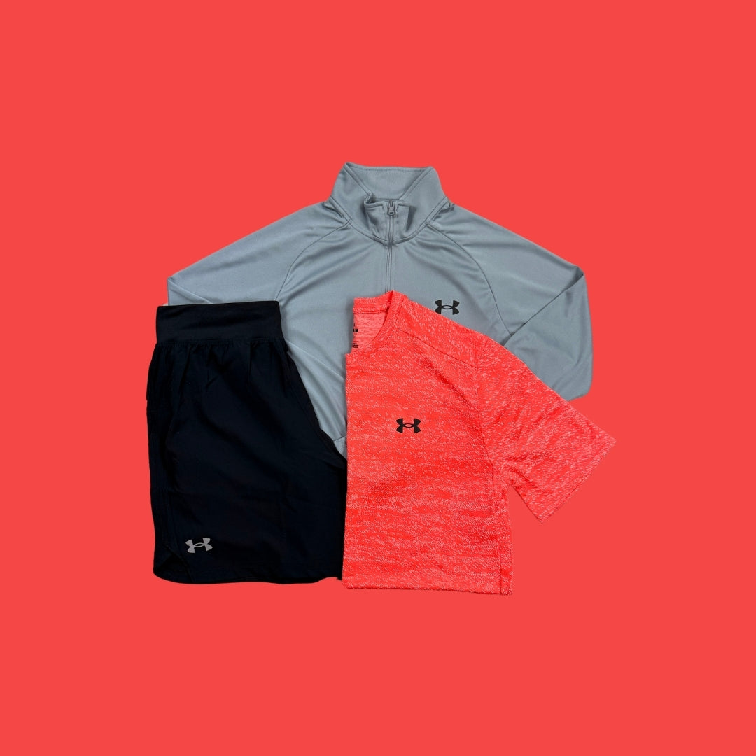 Under Armour Set | Grey Velocity 1/4 Zip, Black Short, Pink Tee