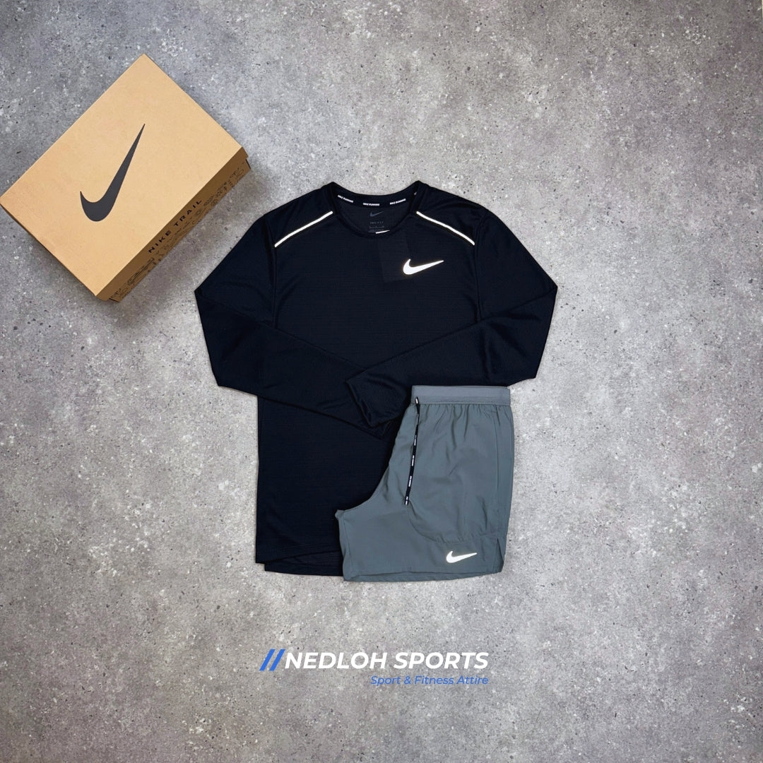 Nike Miler Set | Black Long Sleeve Miler & Grey 7in Flex Stride Shorts