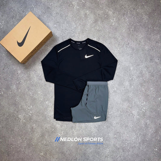 Nike Miler Set | Black Long Sleeve Miler & Grey 7in Flex Stride Shorts