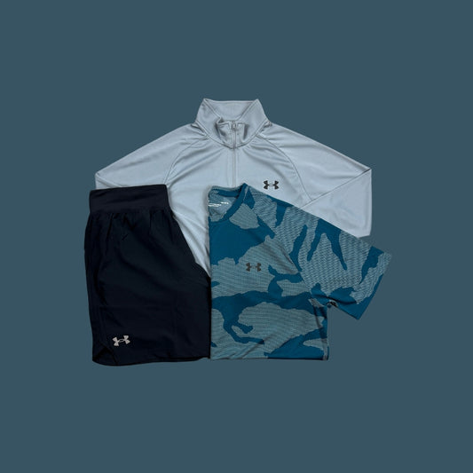 Under Armour Set | Grey Velocity 1/4 Zip, Black Short, Turquoise Jacquard Tee