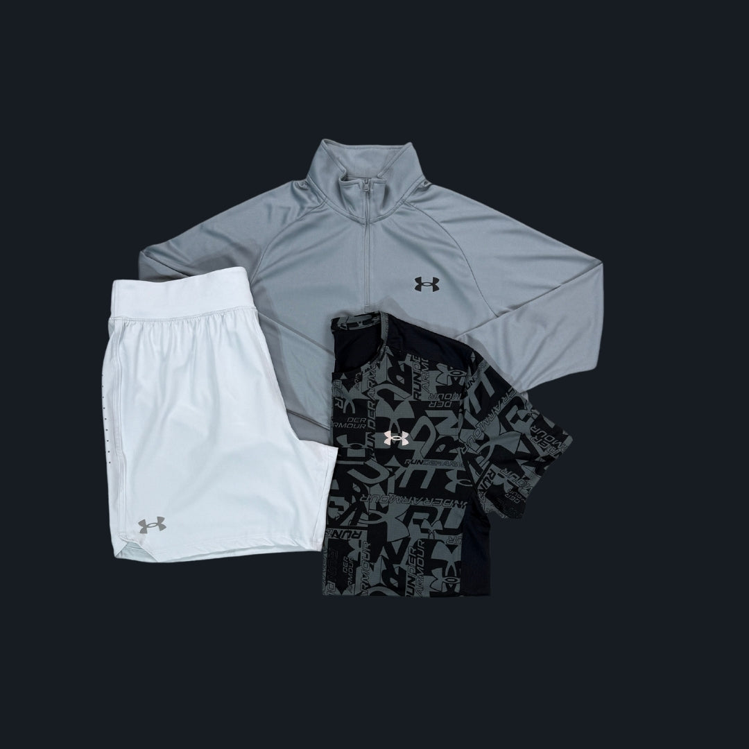 Under Armour Set | Grey Velocity 1/4 Zip, Printed SS Tee &amp, Grey Shorts