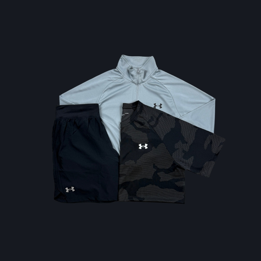 Under Armour Set | Grey Velocity 1/4 Zip, Black Short, Black Jacquard Tee