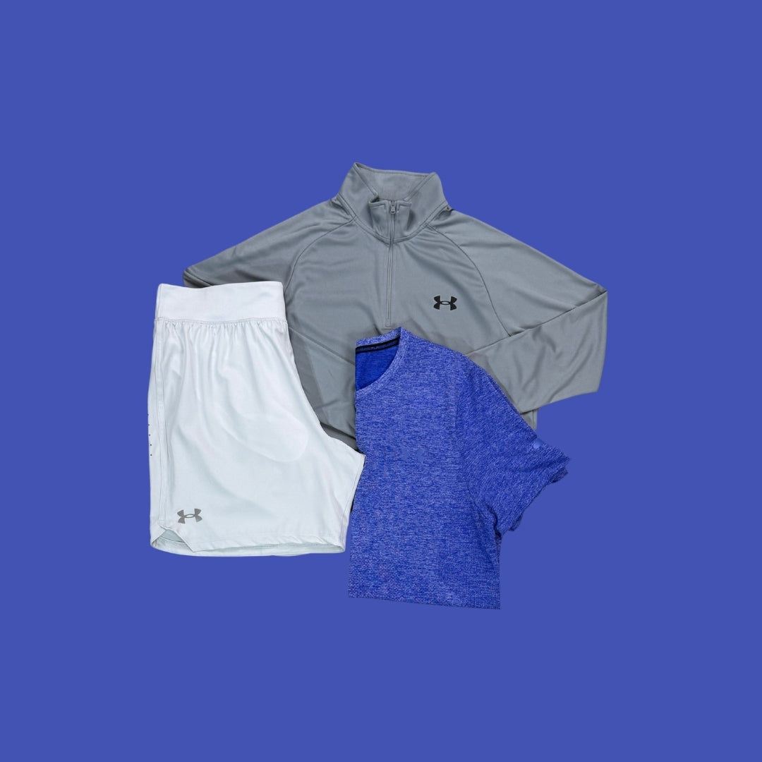 Under Armour Set | Grey Velocity 1/4 Zip, Blue Seamless Shirt, Grey Shorts