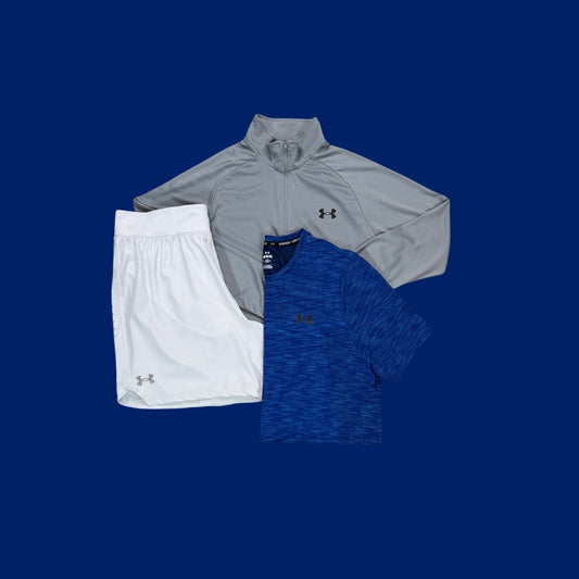 Under Armour Set | Grey Velocity 1/4 Zip, Blue Seamless Shirt, Grey Shorts