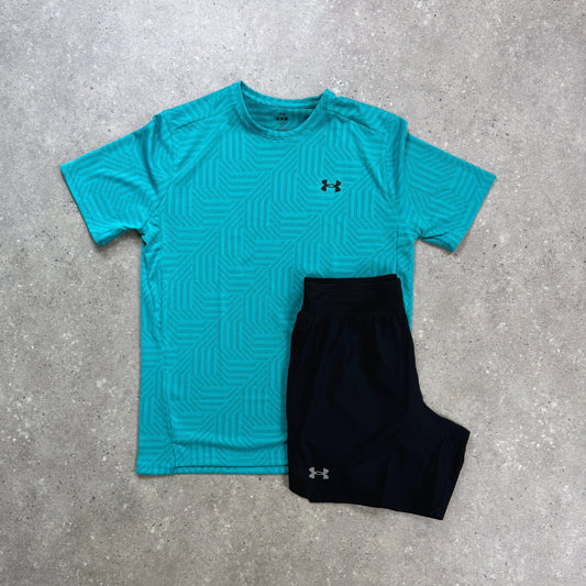 Under Armour Set | Blue/Green Geotessa SS Tee & Black 7in Shorts