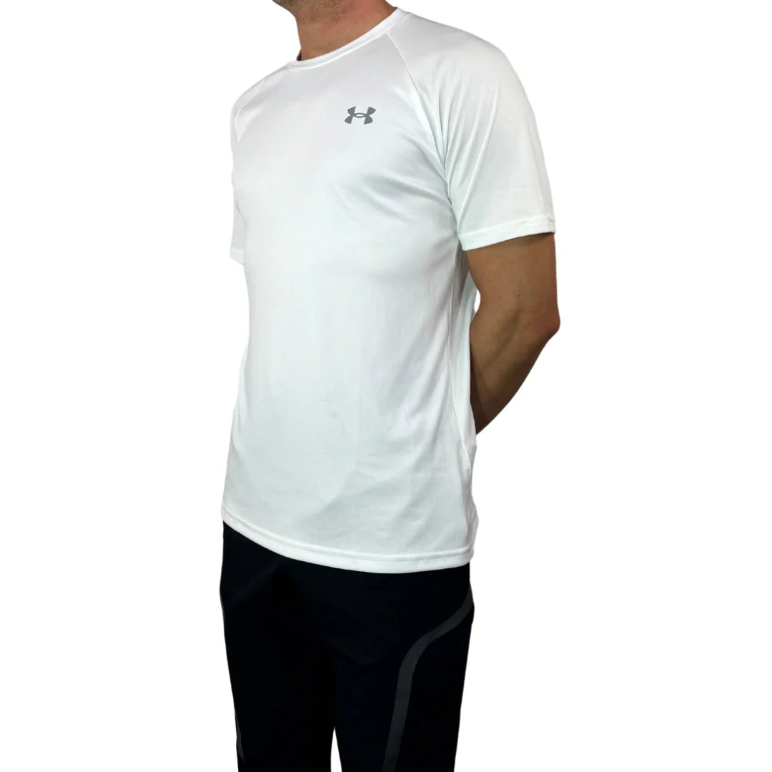 UA Velocity White SS Tee & Black 7in Shorts