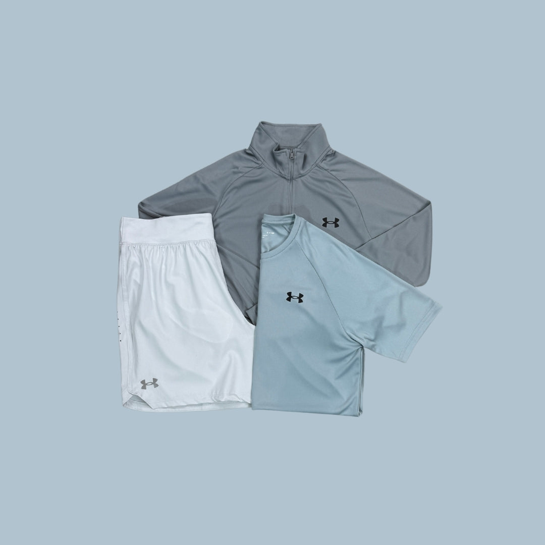 Under Armour Set | Grey Velocity 1/4 Zip, Light Grey Short, Light Blue Velocity Tee