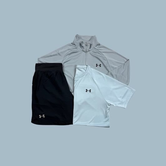 Under Armour Set | Grey Velocity 1/4 Zip, Black Short, Light Blue Velocity Tee