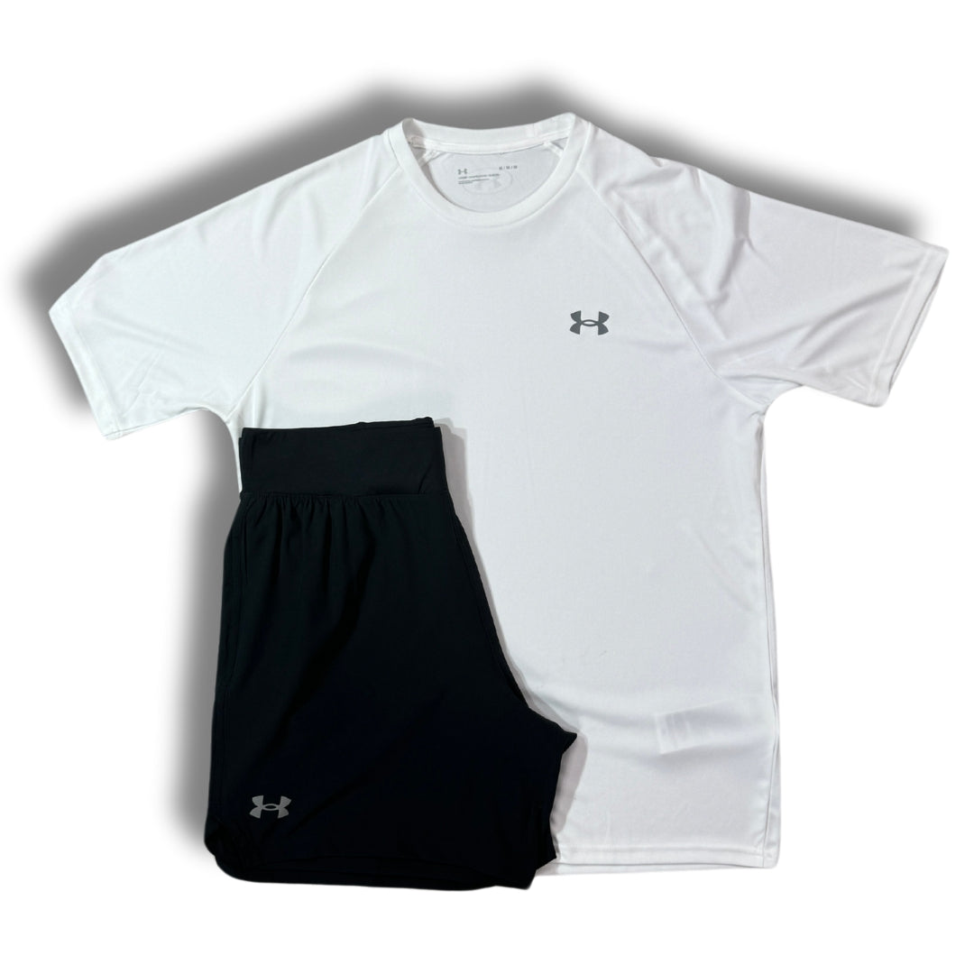 UA Velocity White SS Tee & Black 7in Shorts