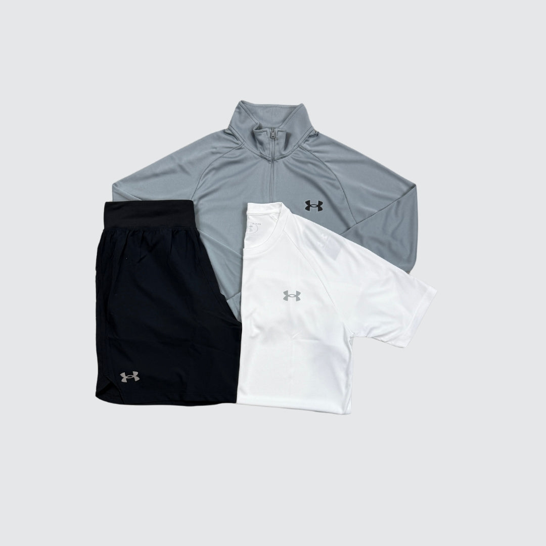 Under Armour Set | Grey Velocity 1/4 Zip, Black Short, White Velocity Tee