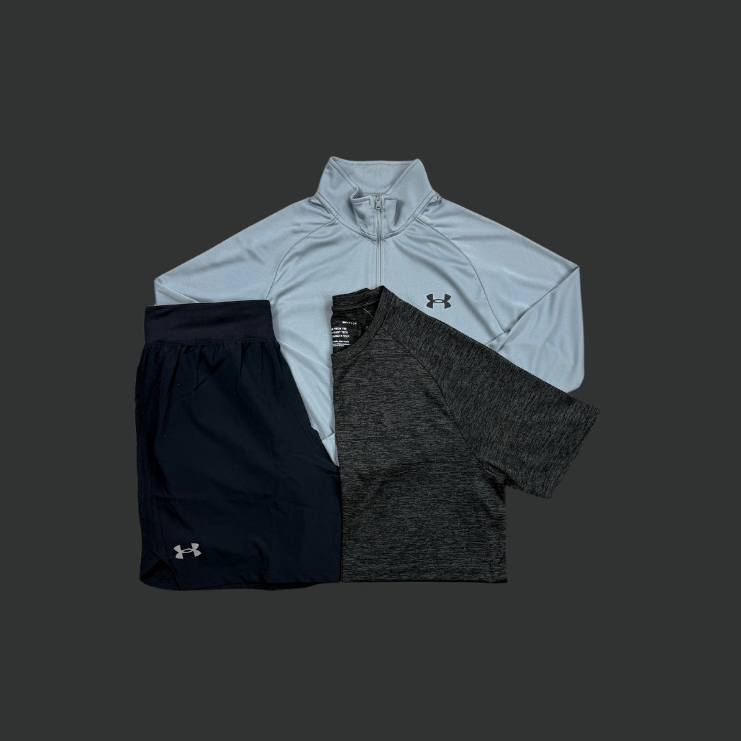 Under Armour Set | Grey Velocity 1/4 Zip, Black Short, Grey Velocity Tee