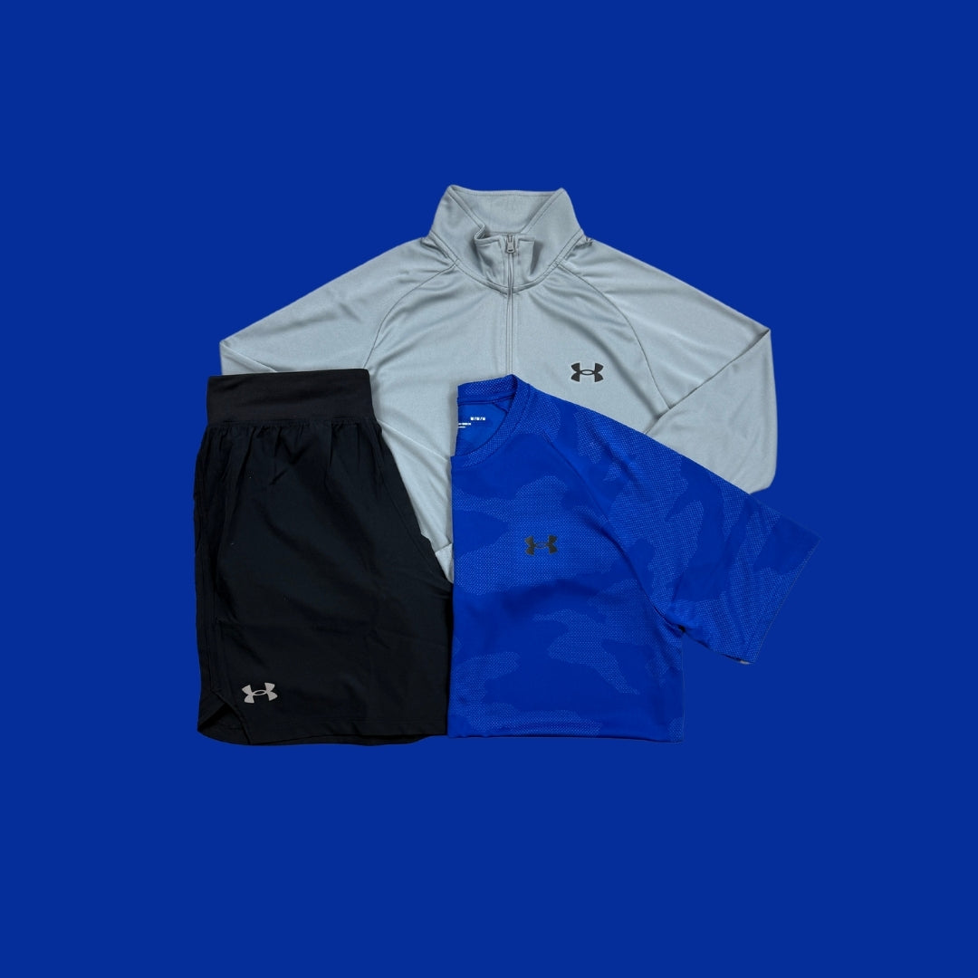 Under Armour Set | Grey Velocity 1/4 Zip, Black Short, Blue Jacquard Tee